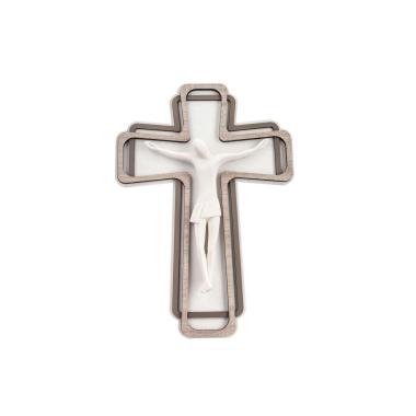 Cristo crocifisso stilizzato bianco su croce legno 16x23 cm Femiano