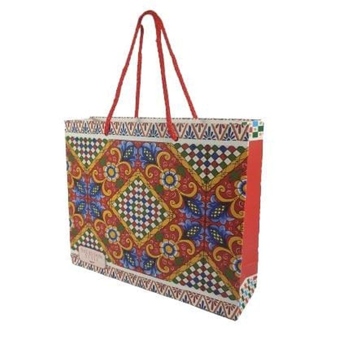 Shopper in carta decorazioni siciliane h.22 x l.26 x p.8 cm e manico in corda