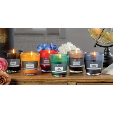 Candela profumata con vasetto in vetro d.8,5xh.9 cm