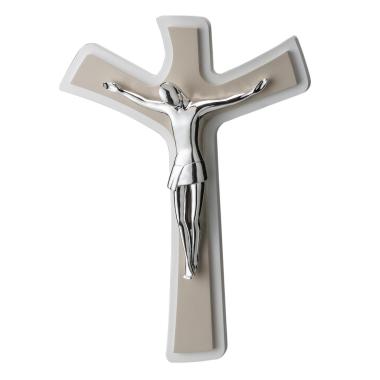 Cristo crocifisso stilizzato argento su croce legno bianco e tortora 29 x 45 Cm