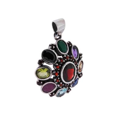 Ciondolo Etnico Fiore Ovale con Pietre Naturali Multicolor in ARGENTO 925