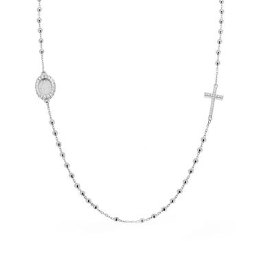 Collana Rosario modello Girocollo cm 46+4 con Grani a pallina liscia mm 2.5 e Zirconi Bianchi in ARGENTO 925 Galvanica Rodio