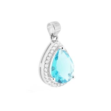 Ciondolo Goccia con Zircone Acquamarina contornato da Zirconi Bianchi in ARGENTO 925 Galvanica Rodio