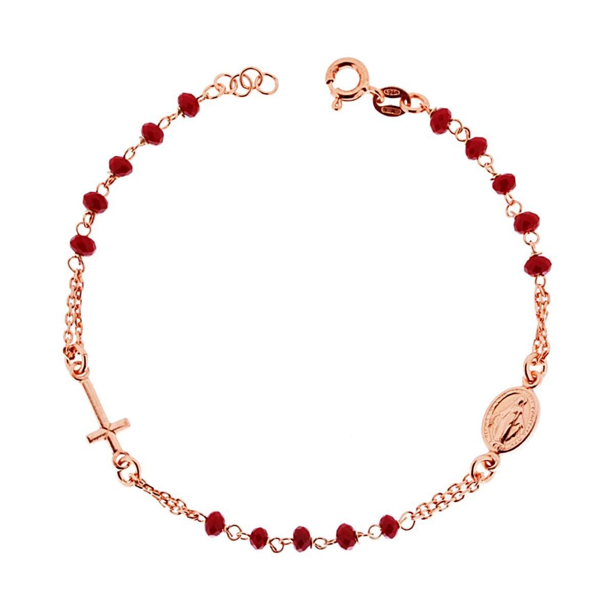 Bracciale Rosario cm 18+2 con Grani in Crystal colore Rosso mm 3.5 con Croce e Medaglia Madonna in ARGENTO 925 Galvanica Rosa