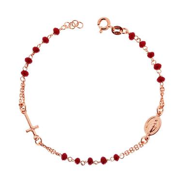 Bracciale Rosario cm 18+2 con Grani in Crystal colore Rosso mm 3.5 con Croce e Medaglia Madonna in ARGENTO 925 Galvanica Rosa