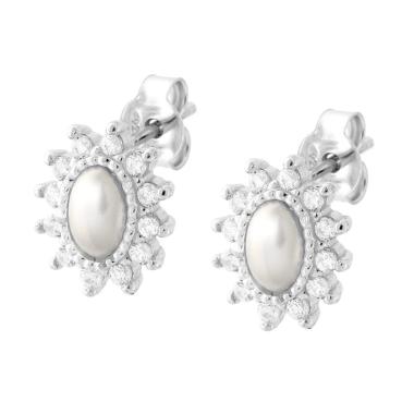 Orecchini Ovali con Perla e Cubic Zirconia Bianchi in ARGENTO 925 Galvanica Rodio