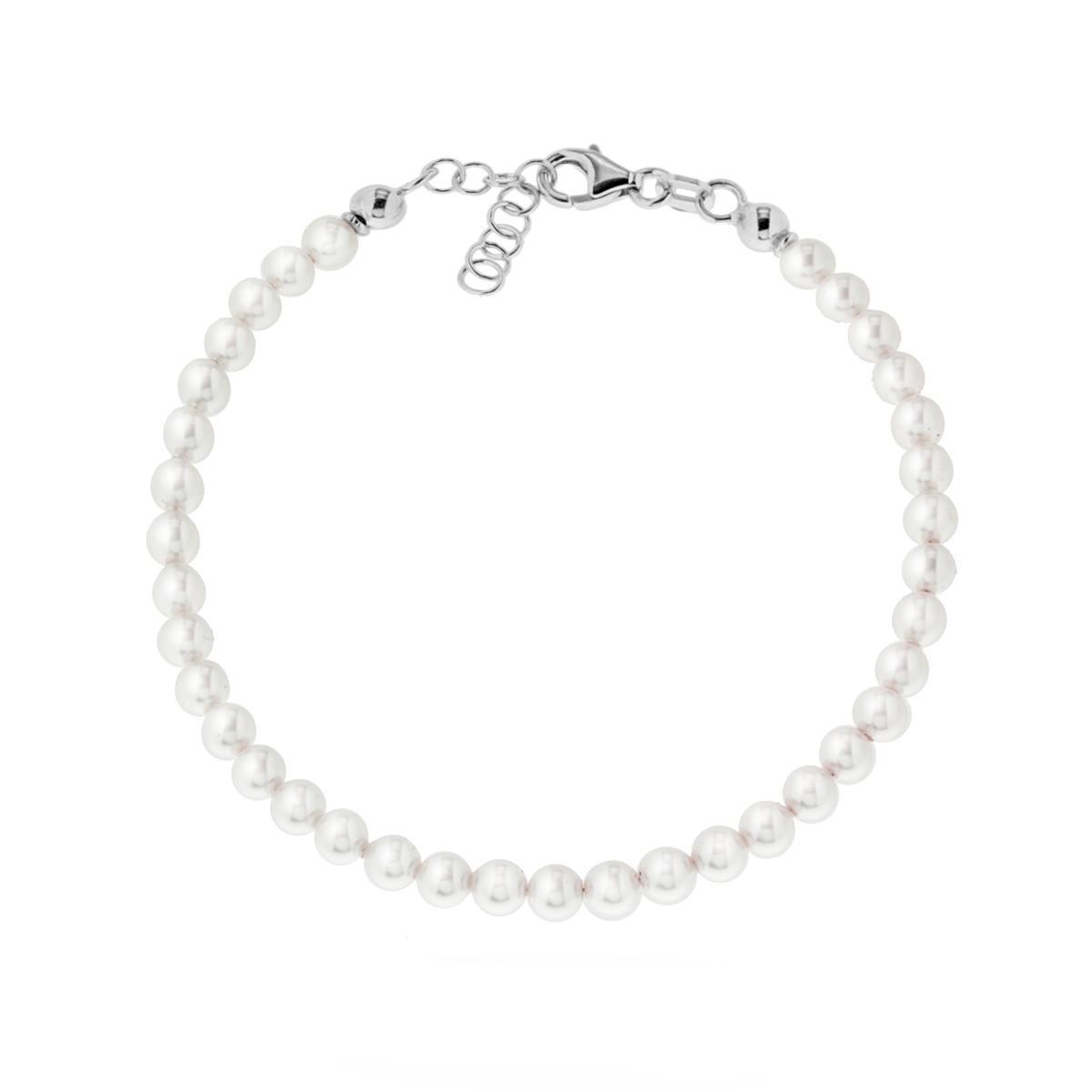 Bracciale Filo Perla Bianca mm 4 in vetro perlato con filo e chiusura in ARGENTO 925 Galvanica Rodio