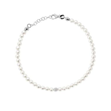 Bracciale Filo Perla Bianca mm 4 in vetro perlato con pallina Crystal Bianco con filo e chiusura in ARGENTO 925 Galvanica Rodio