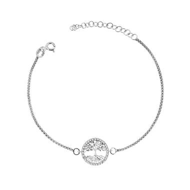 Bracciale Catena Coreana con Albero della Vita e Zirconi Bianchi in ARGENTO 925 Galvanica Rodio