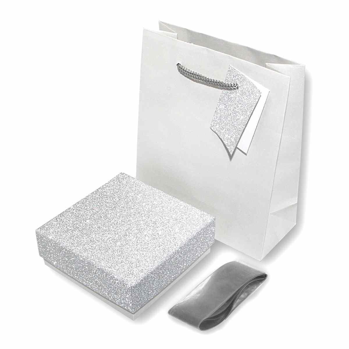 Astuccio multiuso per Gioielli cm 9,7 x 9,7 X h 3,9 colore Argento e Argento Glitter con nastro Raso Argento con Shopper inclusa