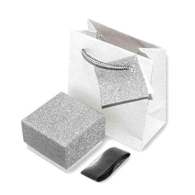 Astuccio multiuso per Gioielli cm  5.6 x5.6 x 3.9 h colore Argento Glitter con nastro Raso Argento con Shopper inclusa
