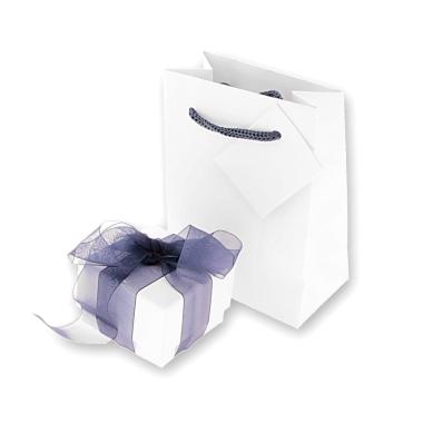 Astuccio multiuso per Gioielli cm 5,5 x 5,5 h 3,8 colore Bianco con nastro e fiocco Blu con Shopper inclusa