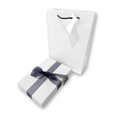 Astuccio per Collana cm 13,4 x 18,9 h3,9 colore Bianco con nastro e fiocco Blu con Shopper inclusa<BR>