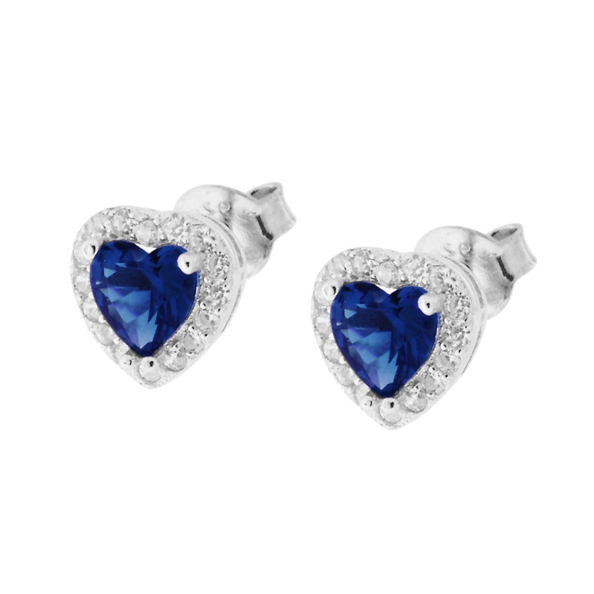 Orecchini Cuore con Zirconi Blu Zaffiro contornati con Zirconi Bianchi in ARGENTO 925 Galvanica Rodio