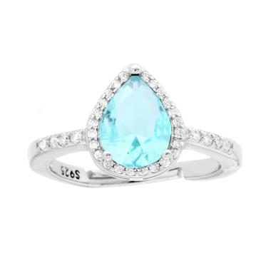 Anello Halo Solitario con Zircone a Goccia Acquamarina contornato con Zirconi Bianchi in ARGENTO 925 Galvanica Rodio