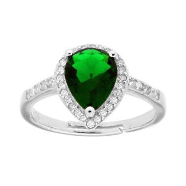 Anello Halo Solitario con Zircone a Goccia Verde Smeraldo contornato con Zirconi Bianchi in ARGENTO 925 Galvanica Rodio