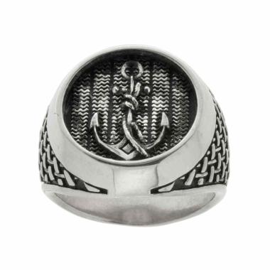 Anello Chevalier Tondo con Ancora microfusa in ARGENTO 925 Galvanica Rodio Brunito