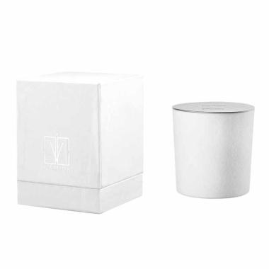 Candela profumata velluto 200 gr. bianco tappo argento aloe 9x h.9 cm Camila