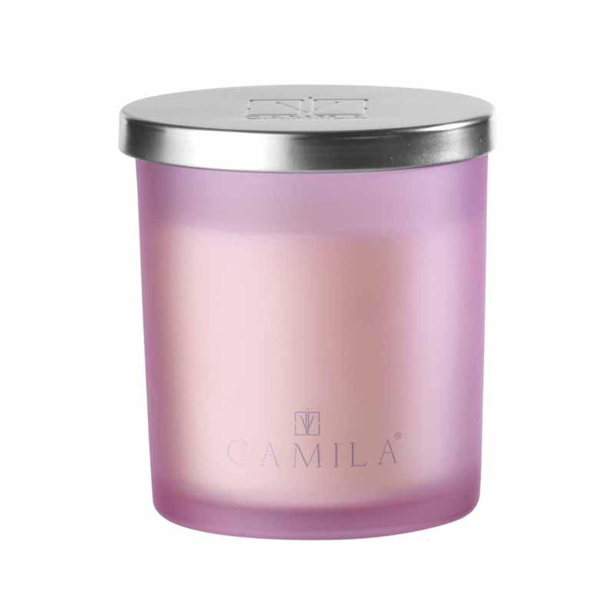 Candela profumata Capri Silver 140 gr. satinato rosa latte di riso e ciliegia 7,5x h.8 cm Camila