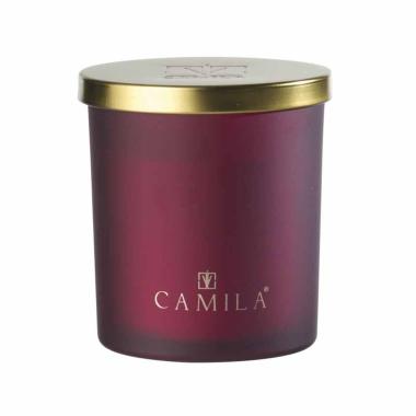 Candela profumata Capri Gold 140 gr. satinato amaranto riso e ciliegio d.7,5x  h.8 cm Camila