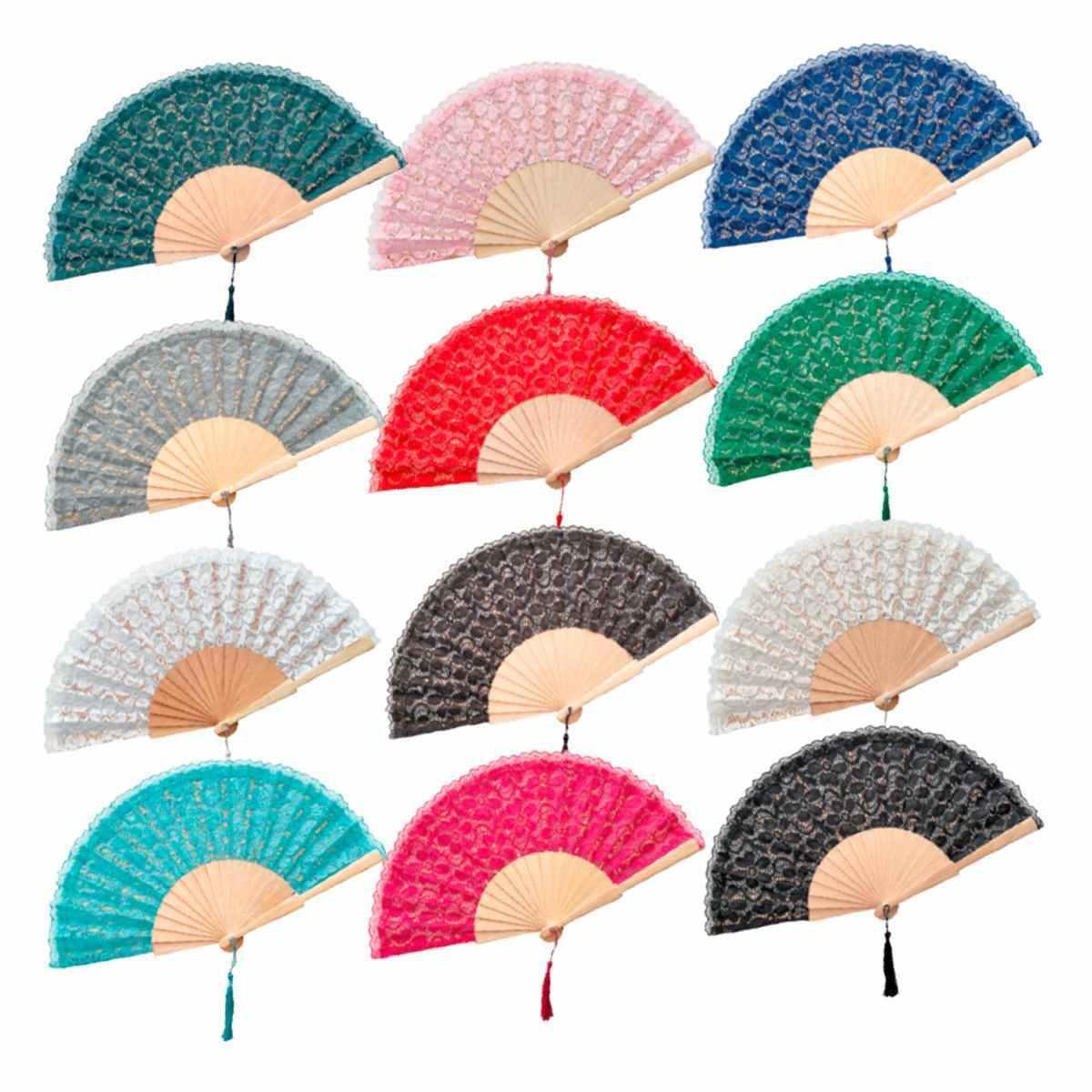 Ventaglio in pizzo e manico in legno da borsetta colori assortiti d.34 cm