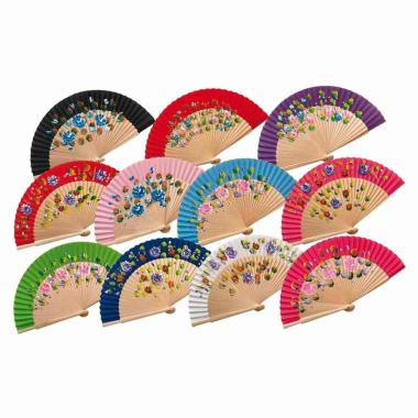 Ventaglio in tessuto e manico in legno dipinto a mano con decorazione fiori d.43 cm