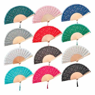 Ventaglio in tessuto e manico in legno con decorazione pizzo colori assortiti d.43 cm