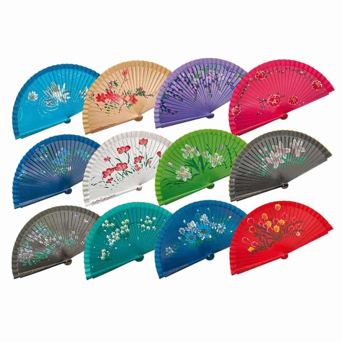 Ventaglio in tessuto e manico in legno dipinto a mano con decorazioni floreali d.43 cm