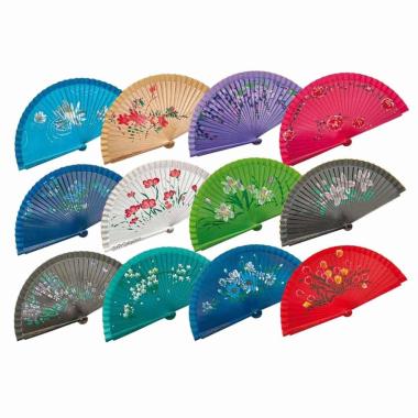 Ventaglio in tessuto e manico in legno dipinto a mano con decorazioni floreali d.43 cm