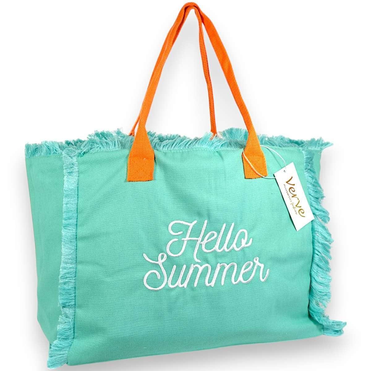 Borsa mare donna turchese con manici arancioni aperta e sfrangiata ''Hello Summer'' Verve