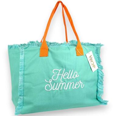 Borsa mare donna turchese con manici arancioni aperta e sfrangiata ''Hello Summer'' Verve
