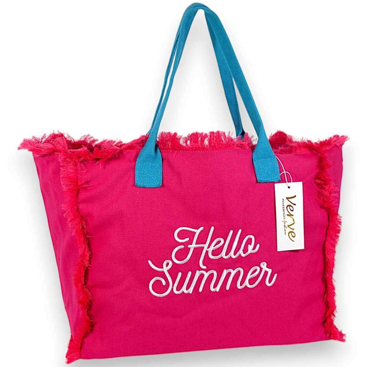 Borsa mare donna fucsia con manici azzurri aperta e sfrangiata ''Hello Summer'' Verve