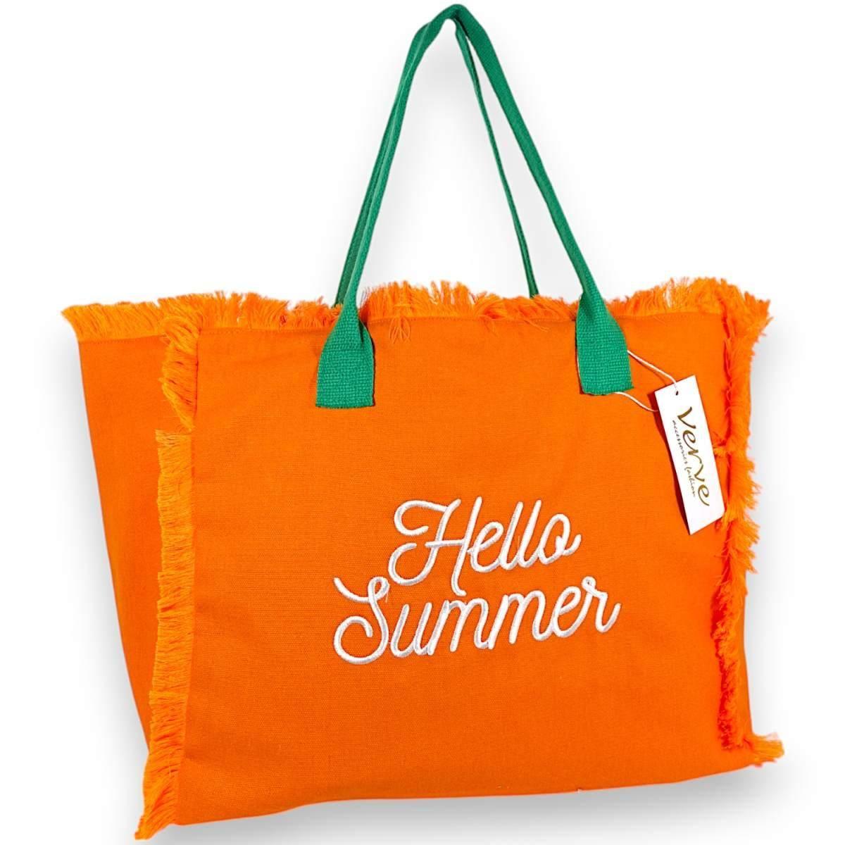 Borsa mare donna arancione con manici verdi aperta e sfrangiata ''Hello Summer'' Verve
