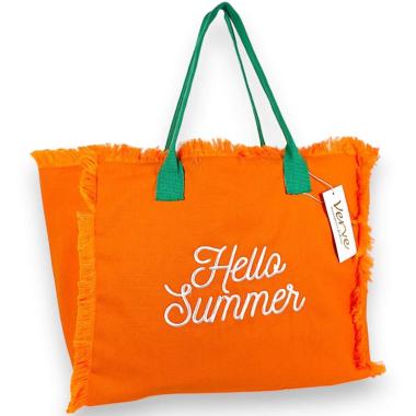 Borsa mare donna arancione con manici verdi aperta e sfrangiata ''Hello Summer'' Verve