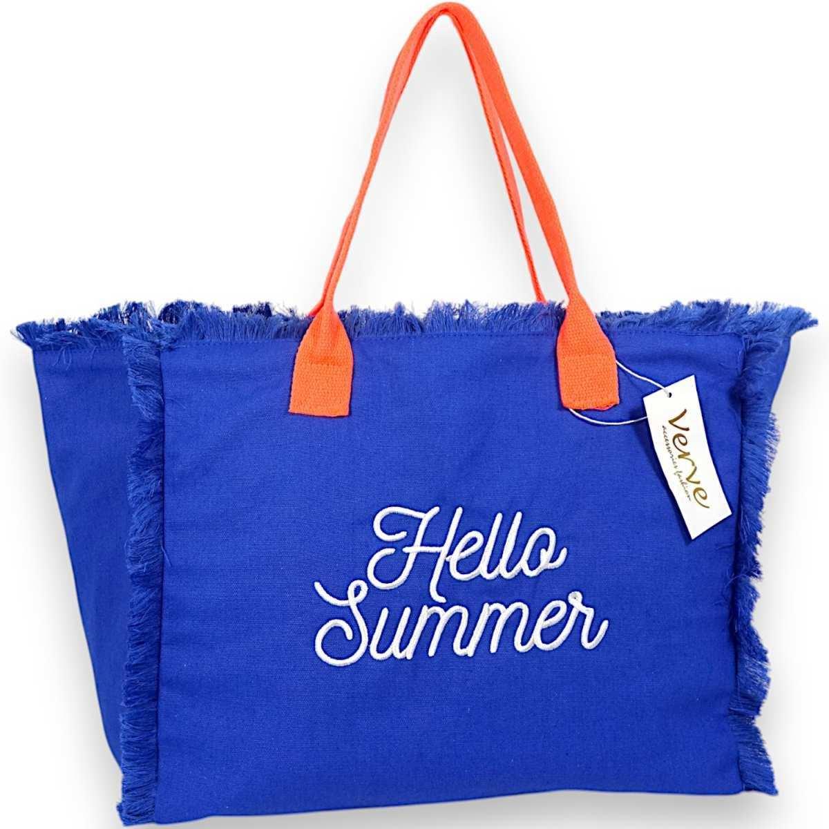 Borsa mare donna blu con manici arancioni aperta e sfrangiata ''Hello Summer'' Verve