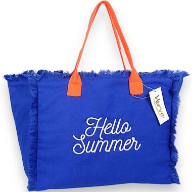 Borsa mare donna blu con manici arancioni aperta e sfrangiata ''Hello Summer'' Verve