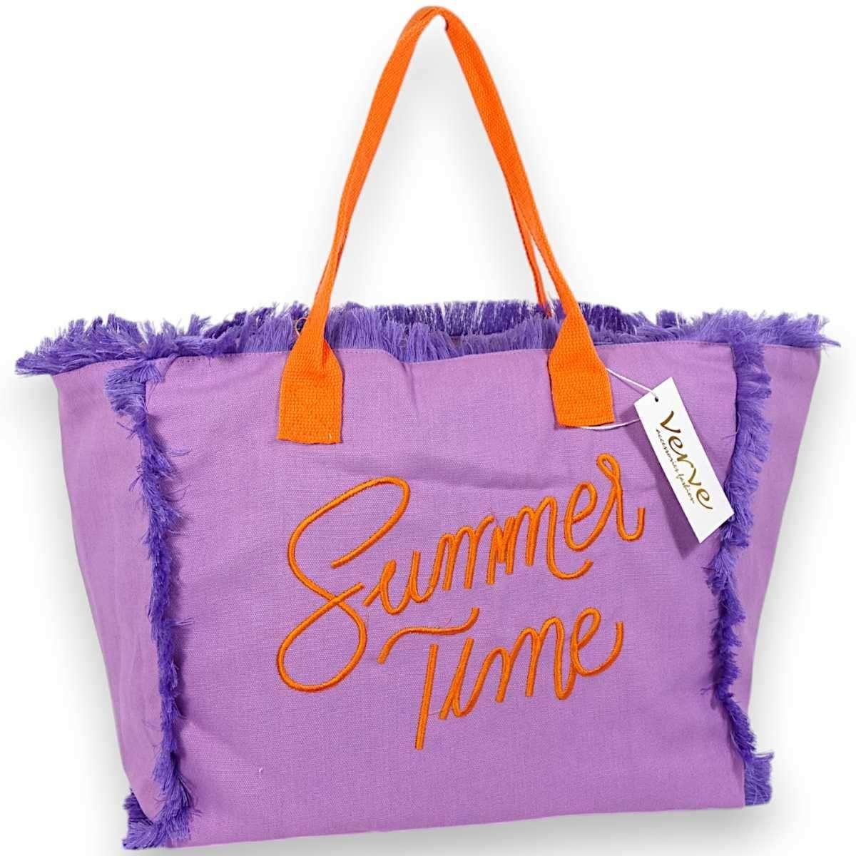 Borsa mare donna viola con manici arancioni aperta e sfrangiata ''Summer Time'' Verve
