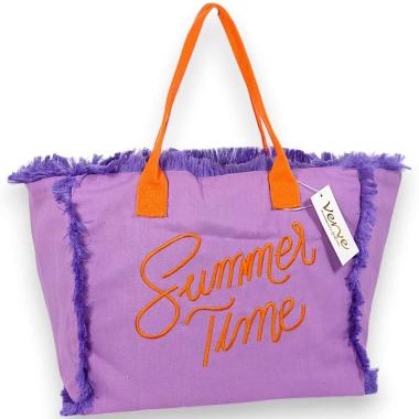 Borsa mare donna viola con manici arancioni aperta e sfrangiata ''Summer Time'' Verve