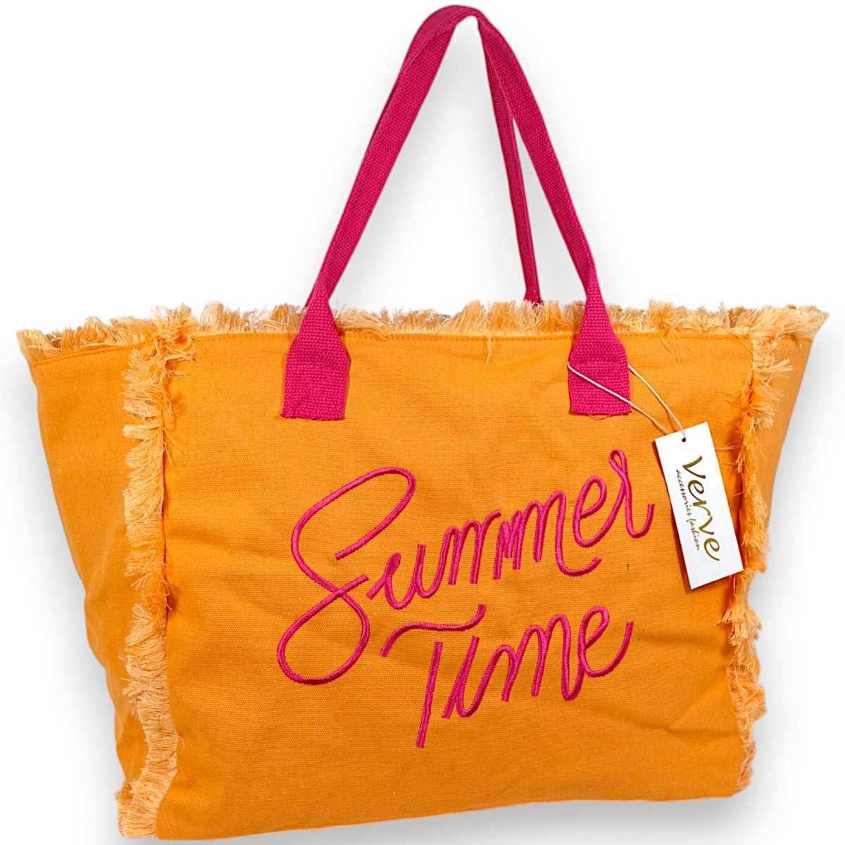 Borsa mare donna arancione con manici fucsia aperta e sfrangiata ''Summer Time'' Verve
