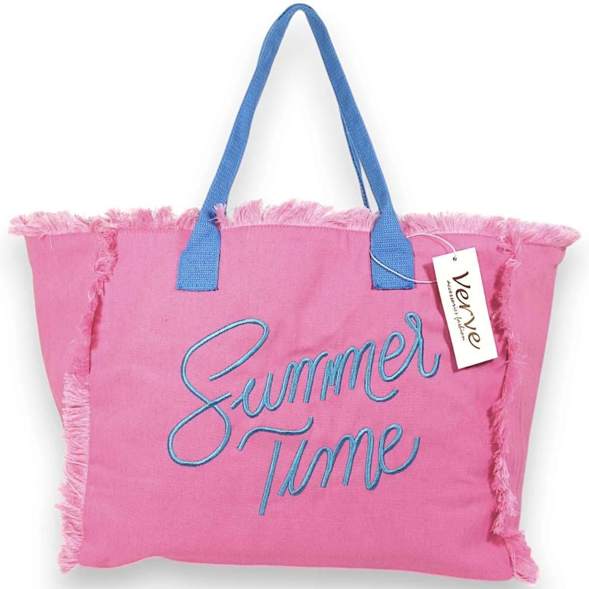 Borsa mare donna rosa con manici azzurri aperta e sfrangiata ''Summer Time'' Verve