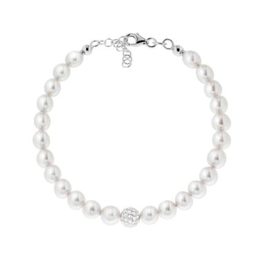 Bracciale Filo Perla Bianca mm 6 in vetro perlato con pallina Crystal Bianco con filo e chiusura in ARGENTO 925 Galvanica Rodio