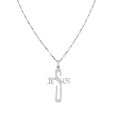 Collana Catena Forzatina con Croce con Scritta Jesus in ACCIAIO