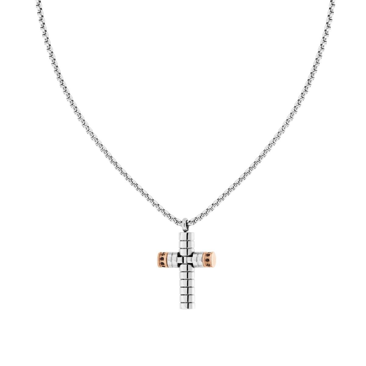 Collana Catena Veneziana tonda con Croce dettagli colore Rosa e Crystal Neri in ACCIAIO