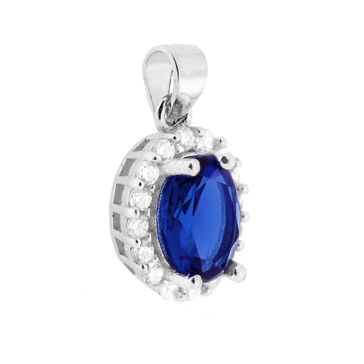 Ciondolo con Zircone Ovale Blu Zaffiro contornato con Zirconi Bianchi in ARGENTO 925 Galvanica Rodio