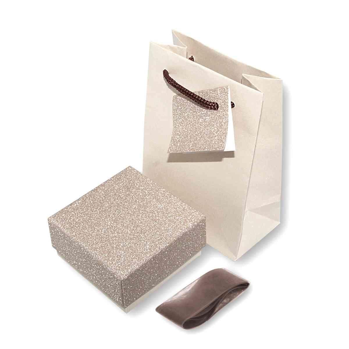 Astuccio multiuso per Gioielli cm 7,2 x 7,2 X H 3,9 colore Beige e Oro Glitter con nastro Raso Marrone con Shopper inclusa