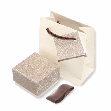 Astuccio multiuso per Gioielli cm 5,6 x 5,6 x h 3,9  colore Beige e Oro Glitter con nastro Raso Marrone con Shopper inclusa