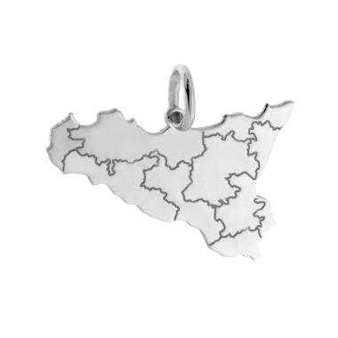Ciondolo con sagoma plain a forma di Sicilia mm 18x28 con incisione province in ARGENTO 925 Galvanica Rodio
