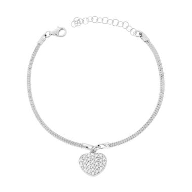Bracciale Catena Calza con Cuore pendente e Zirconi Bianchi in ARGENTO 925 Galvanica Rodio