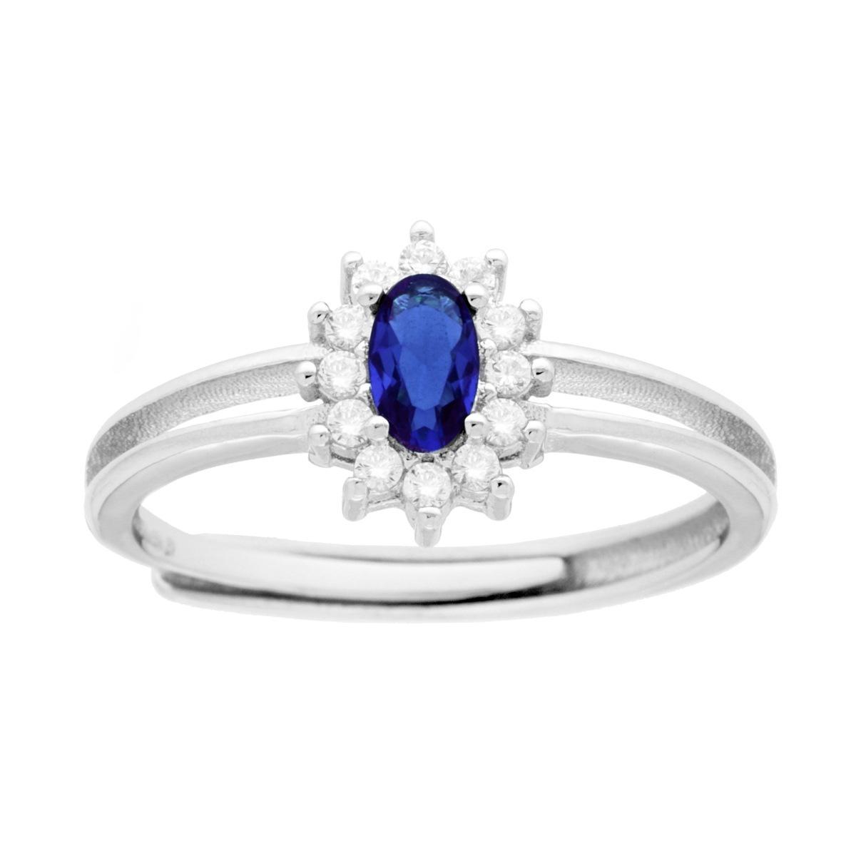 Anello Solitario con Zircone Ovale Blu Zaffiro contornato con Zirconi Bianchi in ARGENTO 925 Galvanica Rodio