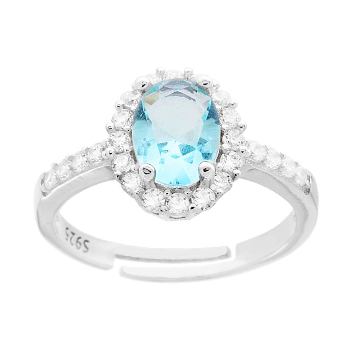 Anello Halo Solitario con Zircone Ovale Acquamarina contornato con Zirconi Bianchi in ARGENTO 925 Galvanica Rodio